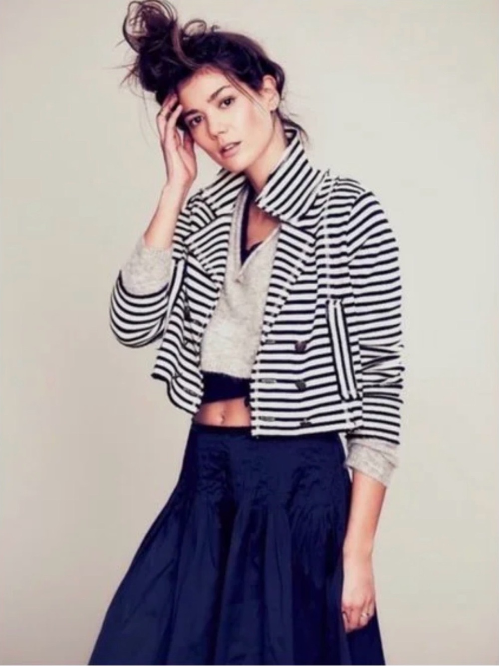 Free People Boxy Scuba Striped Cropped Nautical Blazer
